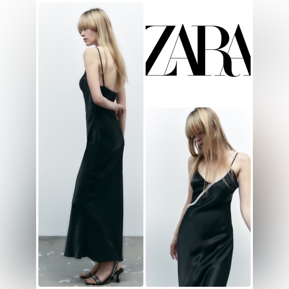 New BLACK SATIN EFFECT RHINESTONE MIDI DRESS V Neck With Mesh